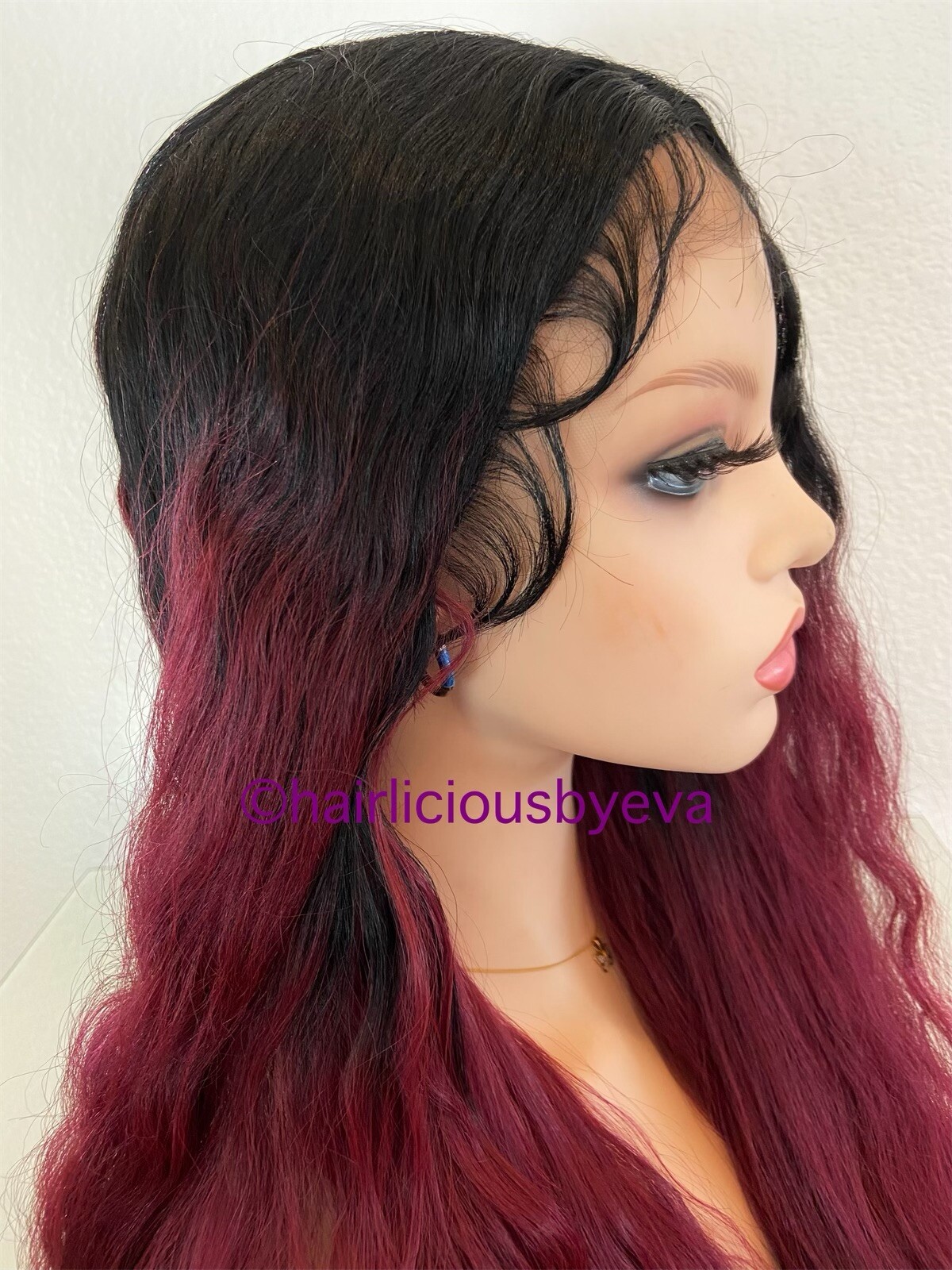 Red Burgundy Ombré Black Wig Wavy extra Long 32 Inch Middle Part Heat Ok