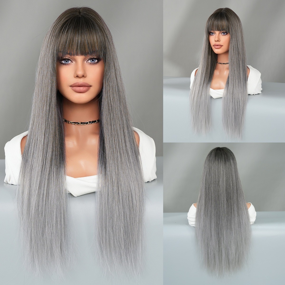 Long Straight Ginger Wig with Bangs for Women Synthetic Hair