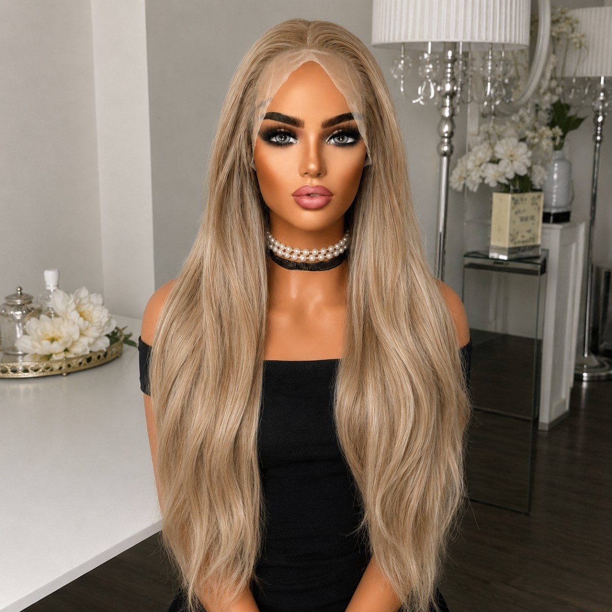 Natural Mixed Blonde Long Straight Soft Lace Frontal Wig Synthetic Hair