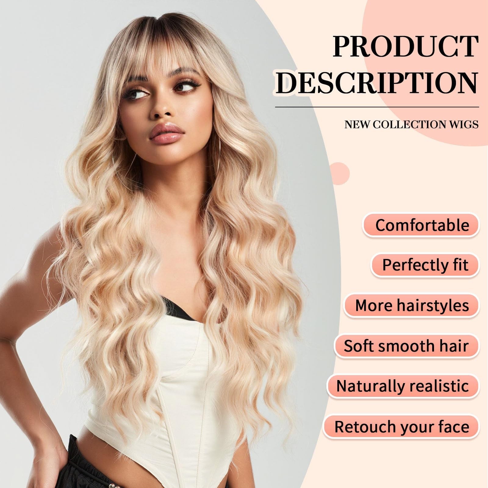 Ombre Blonde Wigs with Bangs,Long Curly Wig for Women,Blonde Long Wavy Wig Sy…
