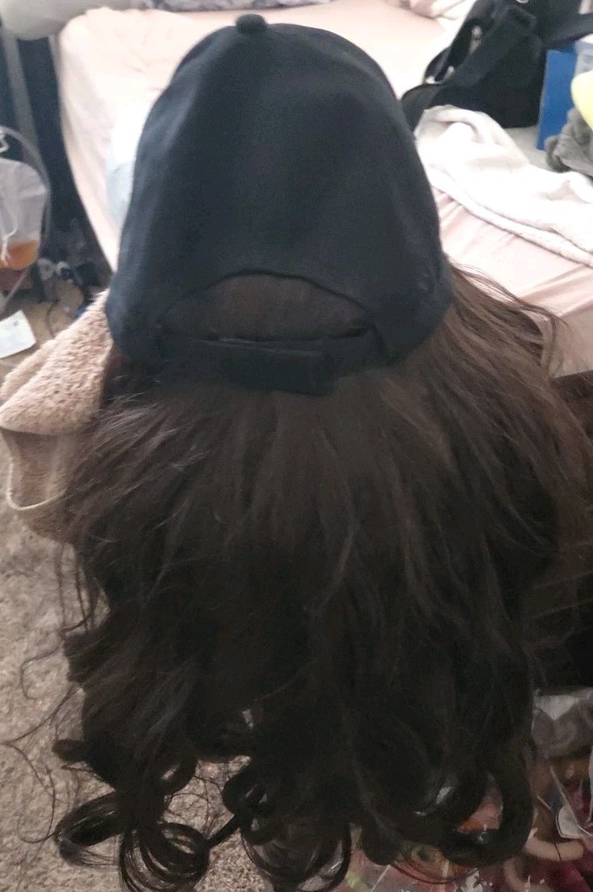 Women Adjustable Baseball Cap Hat Wig Curly Dark Brown Casual Hat 26 Inches