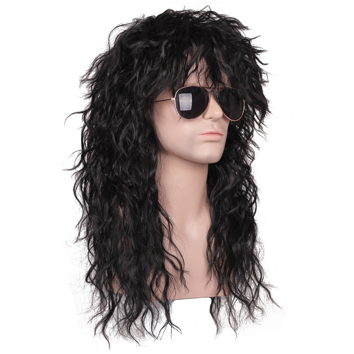 Mens 80s Long Curly Black Rocker Costume Wig