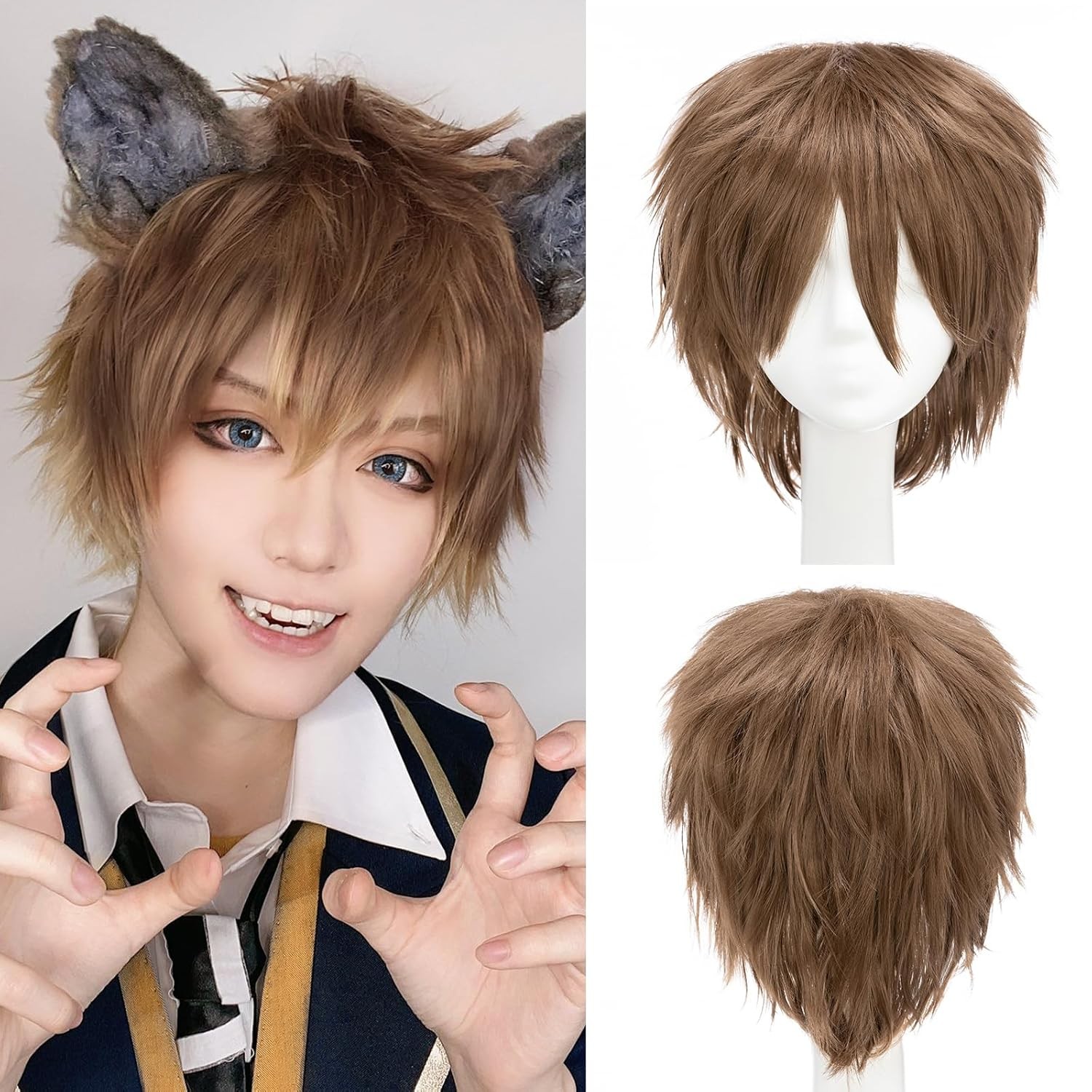 Unisex Short Green Wig Women Men’s Short Layered Fluffy Spiky Wigs with Bangs