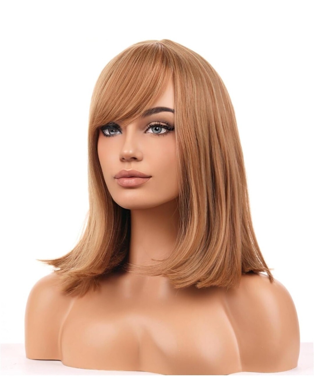 Wig – Human Hair Blend – Straight Layered Strawberry Blond Bangs Heat Ok