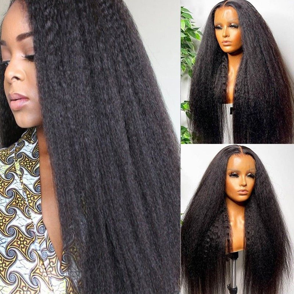 Kinky Straight Natural Long Black Hair Lace Front Wigs Heat Resistant Glueless