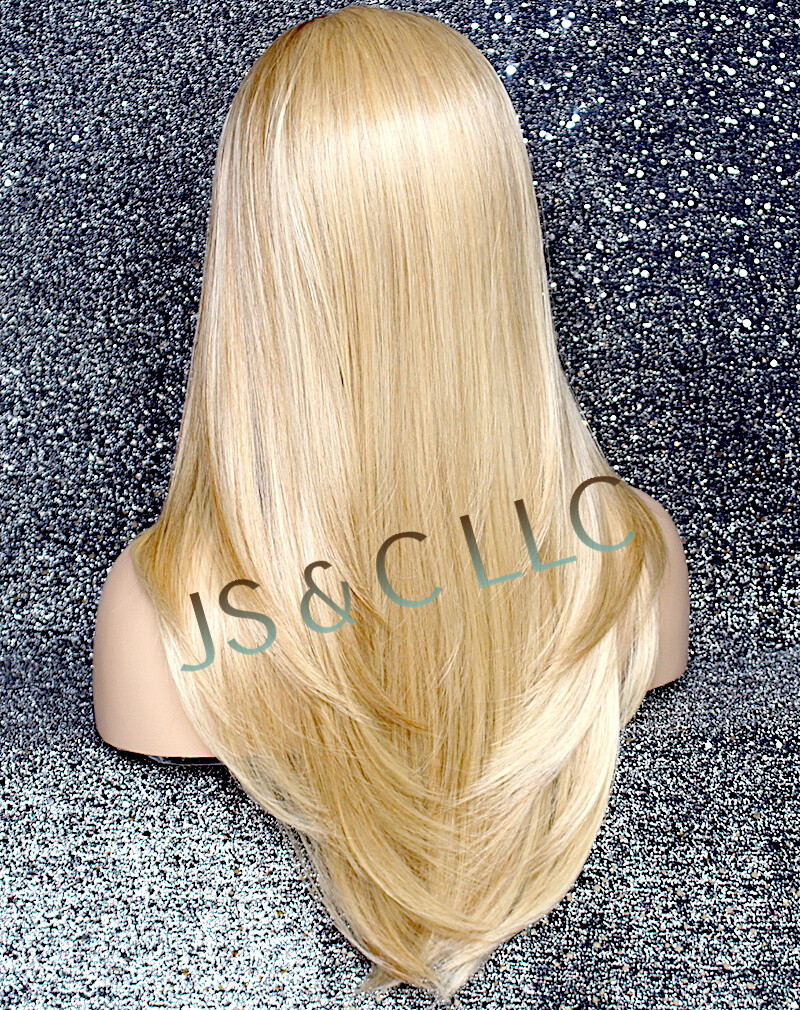Long Straight Human Hair Blend Mono Top Lace Front Wig Blonde mix 613-27 WBDL