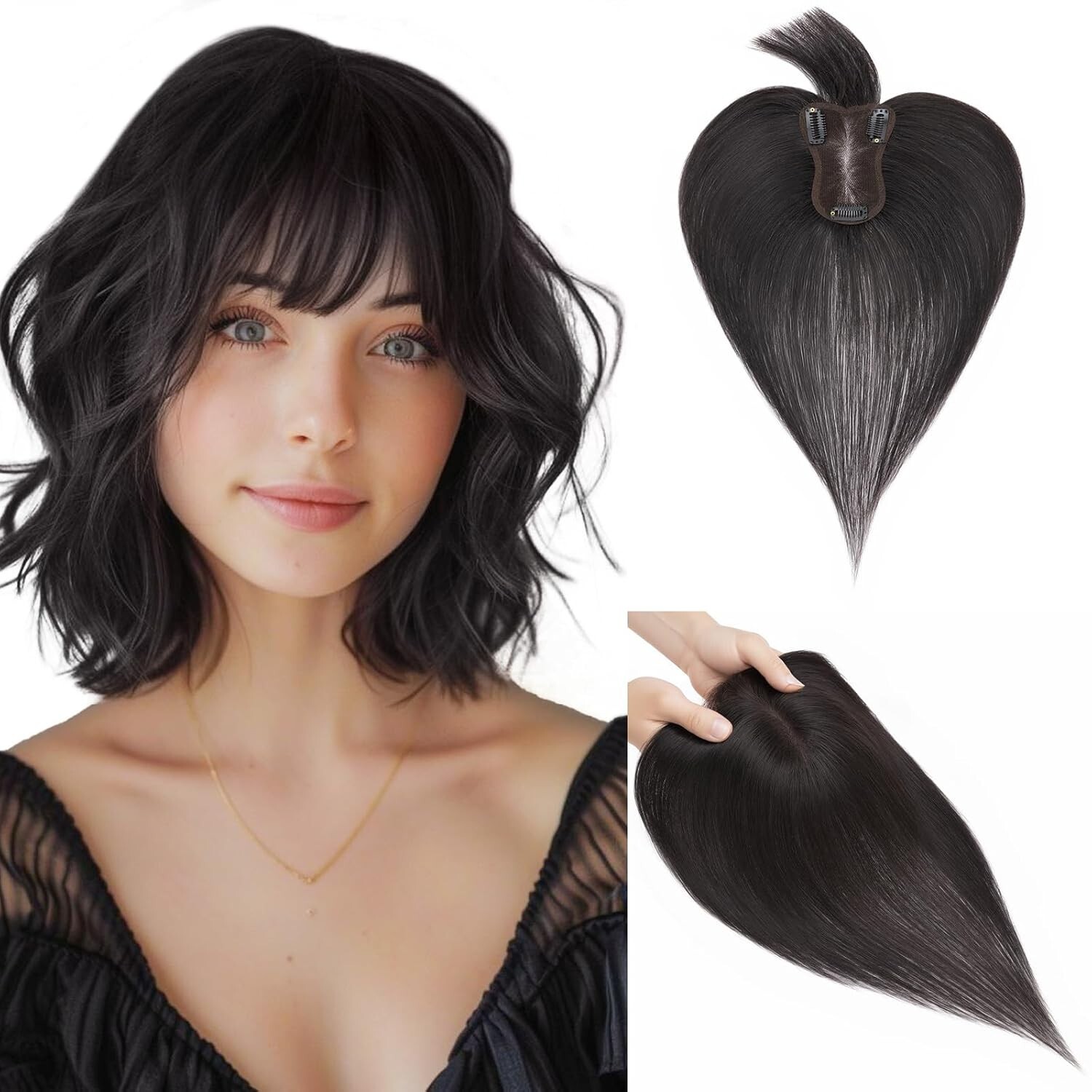 100% Human Hair Topper w/ Bangs 3D Clip on 10 In #1 Dark Black Greyish on Top