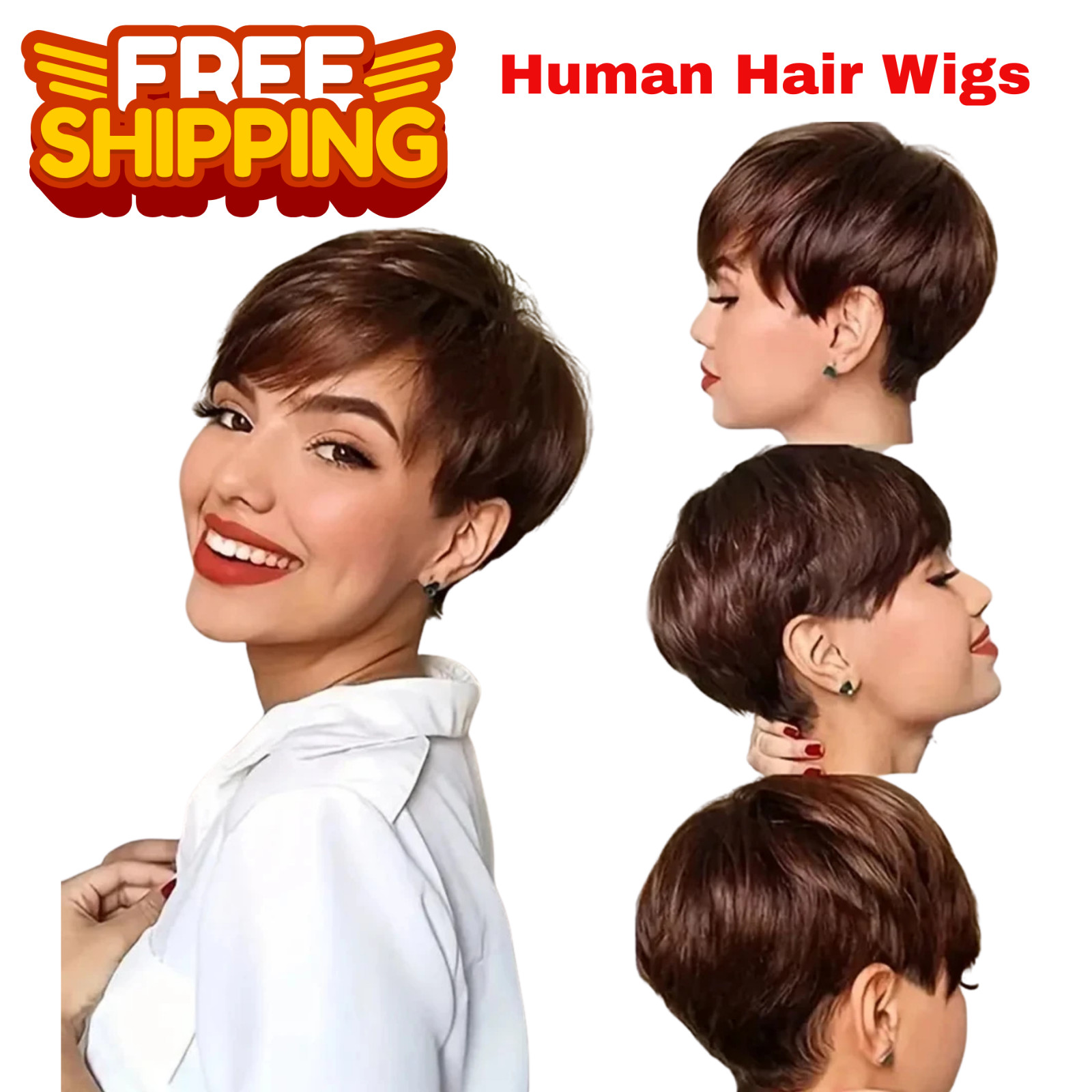 Pixie Short Cut Colored Straight Human Hair Wig Bangs Women Fashion Beauty Gift