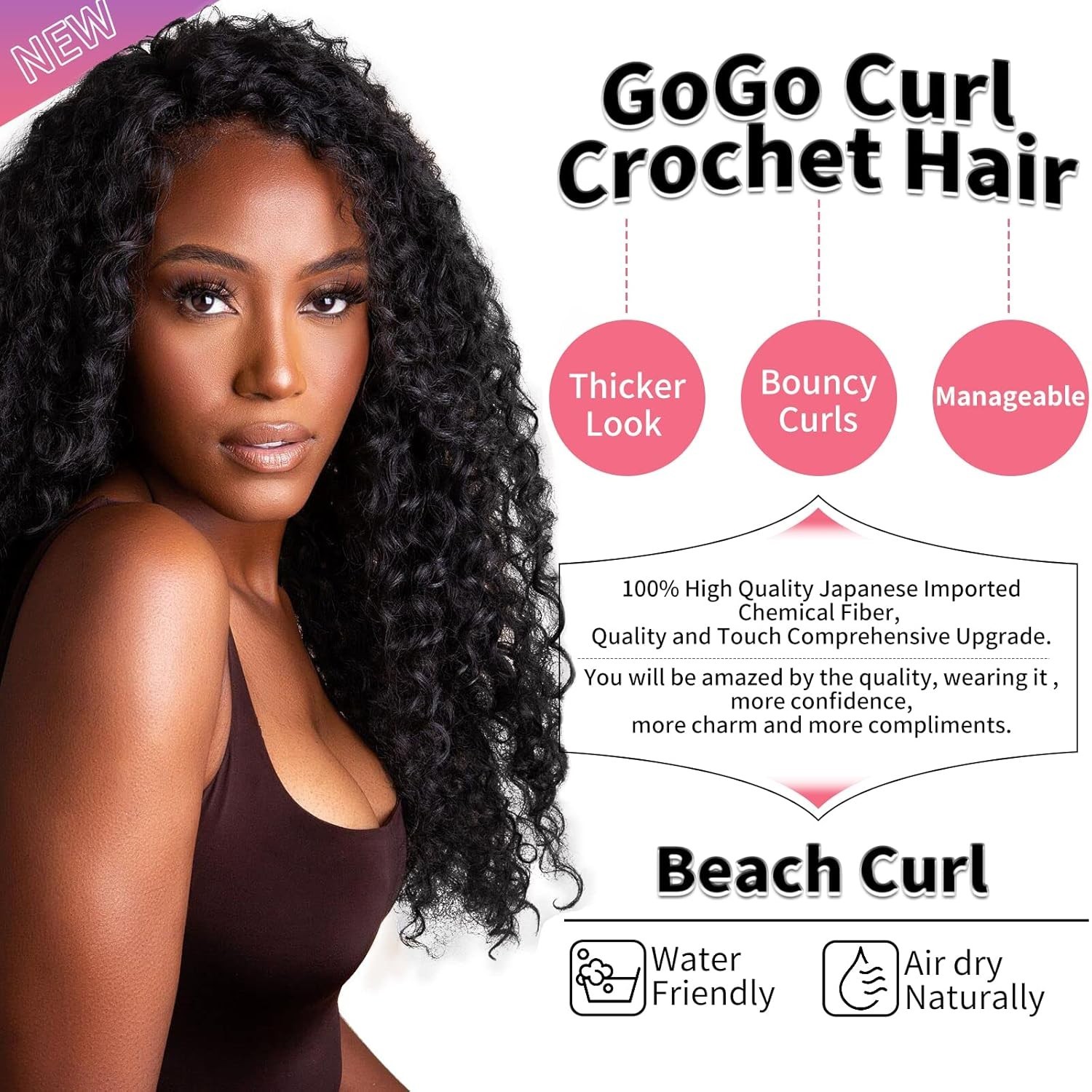 GoGo Curl Water Wave Curly Crochet Hair – 18 inch, Pack of 6 in 1B Natural Black