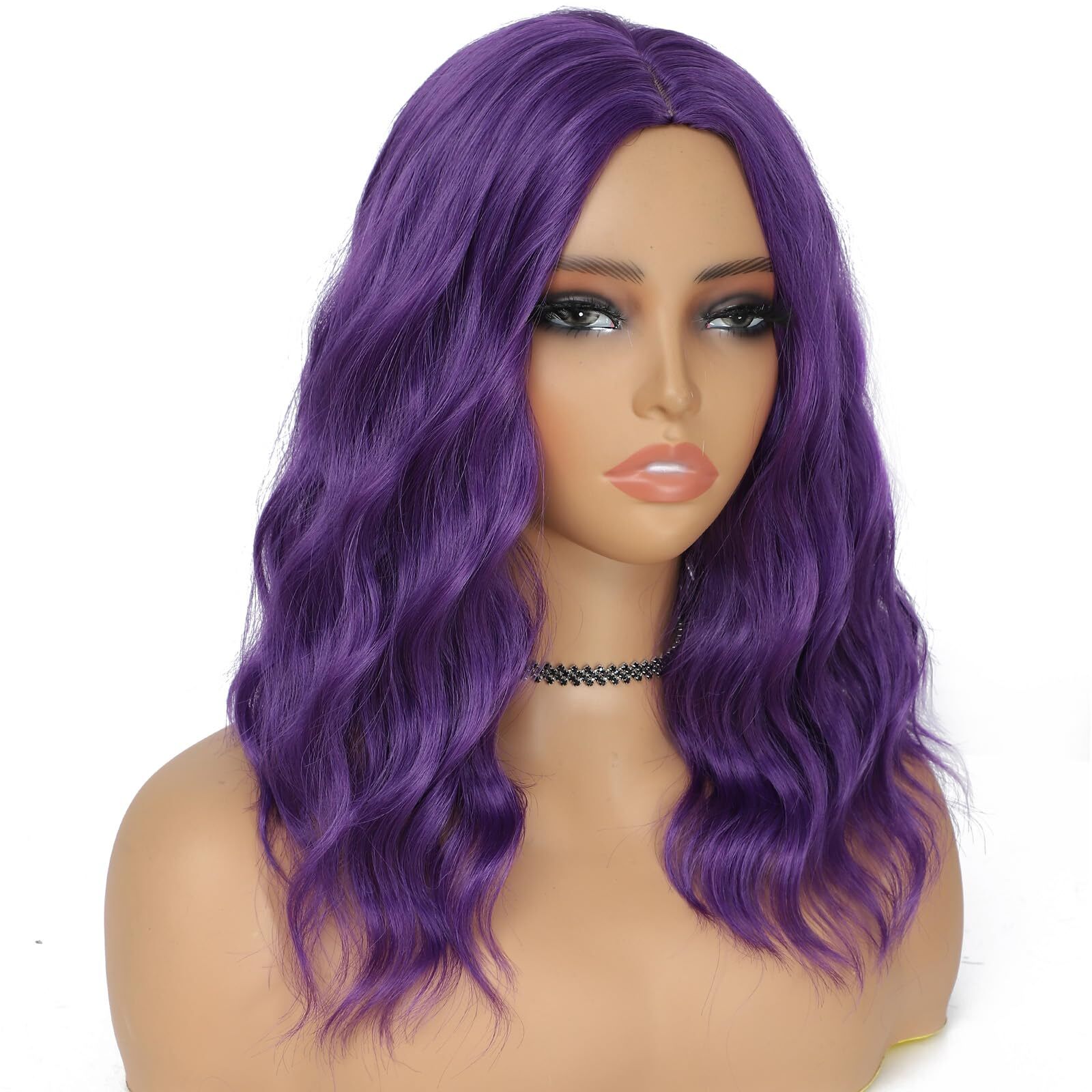 BEAUTIFA Dark Purple Wig for Women Wavy Curly Purple Bob Wigs Middle Part 14 …