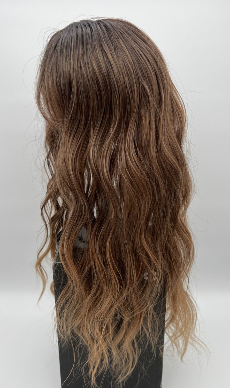 Ombre Brown Dark Roots w/ Side Bangs Long Wavy 20in Women Premium Hair Topper