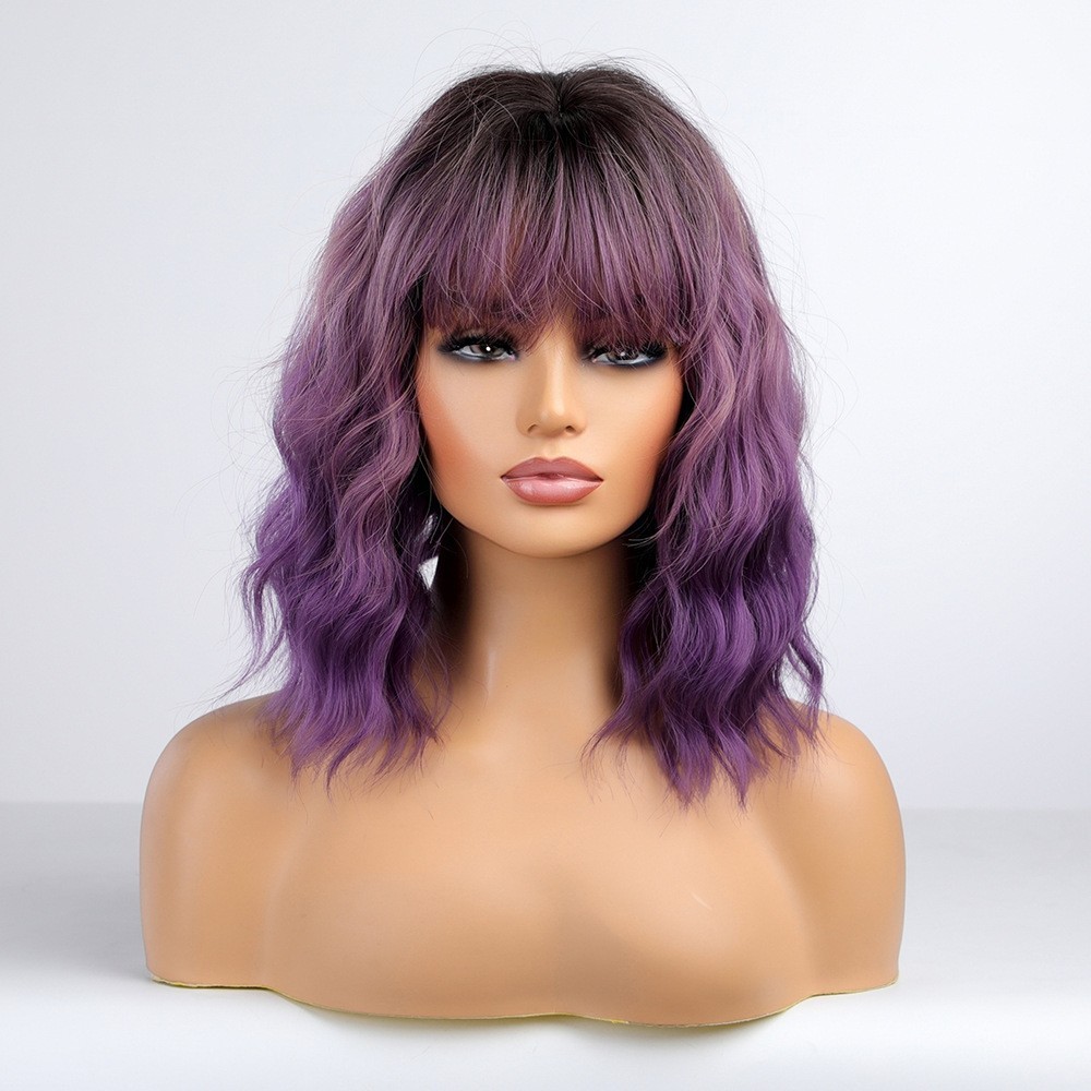 Ombre Purple Wig with Bangs Purple Bob Wavy Wig Synthetic Wigs for Women Party