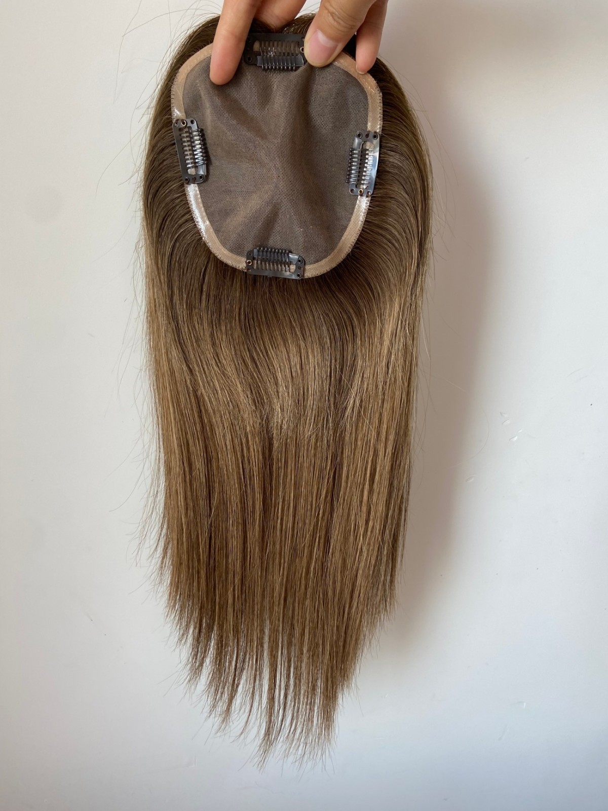 100% HUMAN RUSSIAN HAIR TOPPER MONO 5″X5″ BASE 14″ BROWN FREE PARTING HIGHLIGHTS