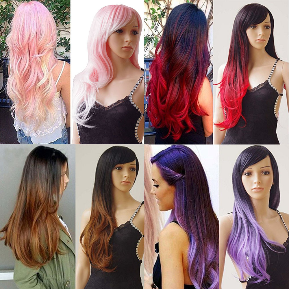 Cheap Ombre Blonde Brown Black Mix Full Wig Ladies Halloween Cosplay Hair Wigs W