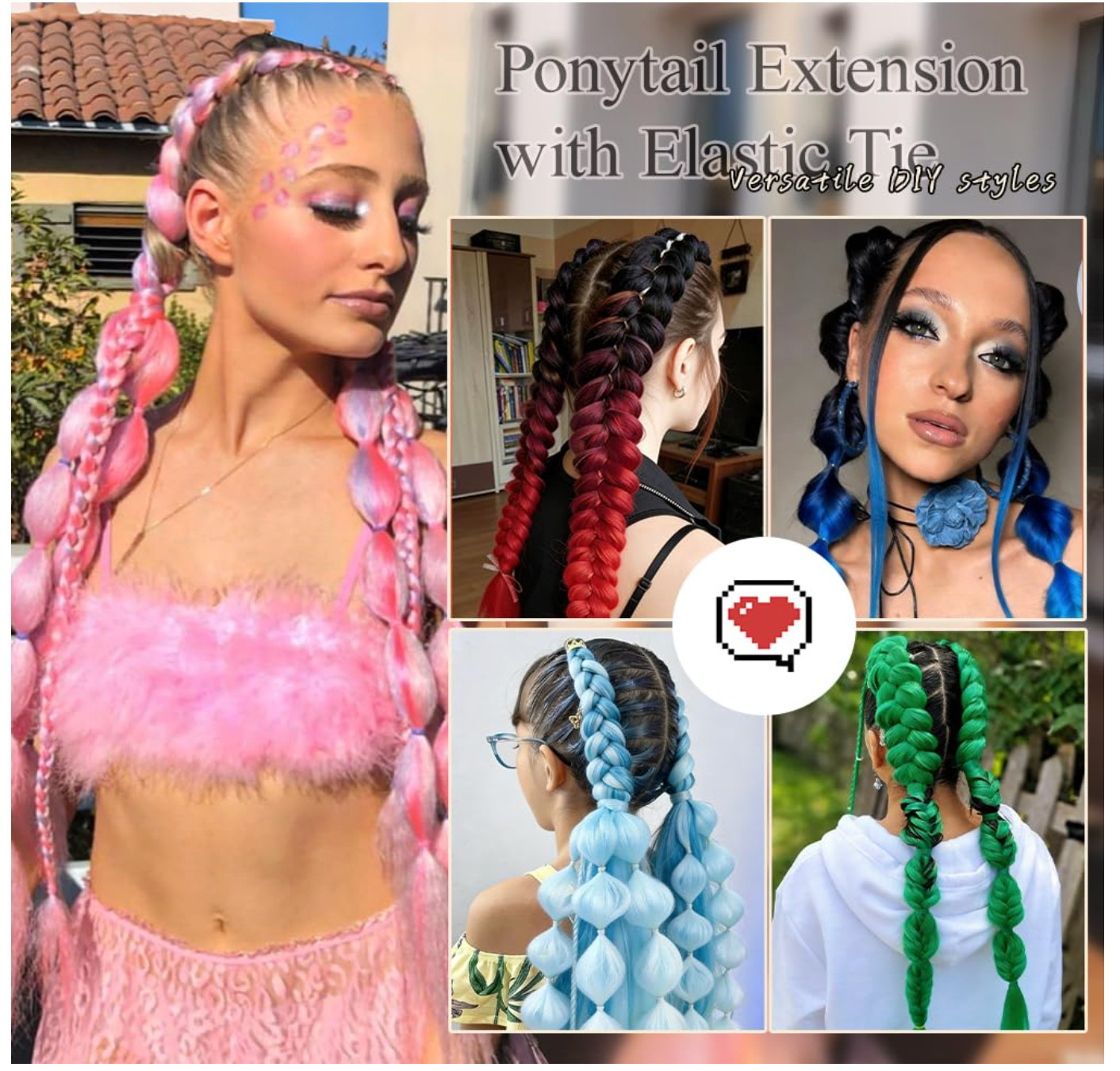 Braid Ponytail Extension with Elastic Tie 2 Packs 26 Inch Pink