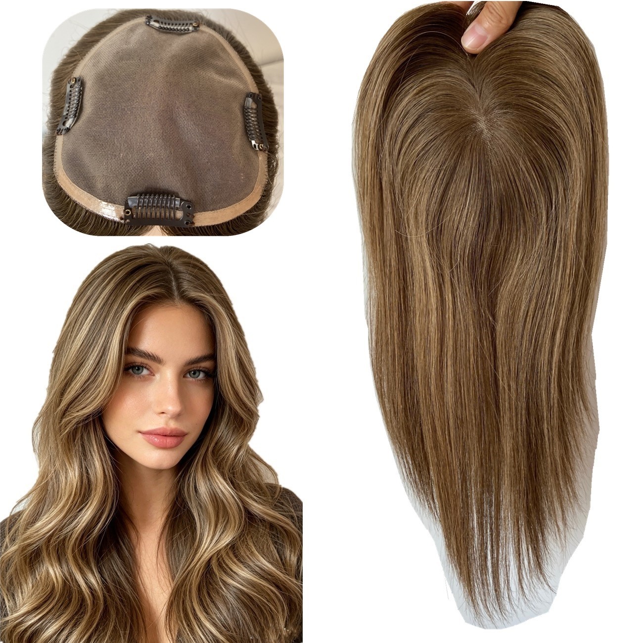 100% HUMAN RUSSIAN HAIR TOPPER MONO 5″X5″ BASE 14″ BROWN FREE PARTING HIGHLIGHTS