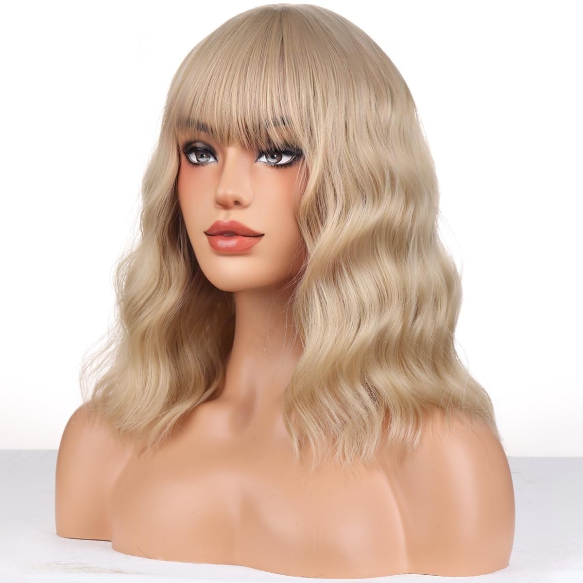 14″ Ash Blonde Curly Wavy Bob Wig for Women Daily Party 156E988788