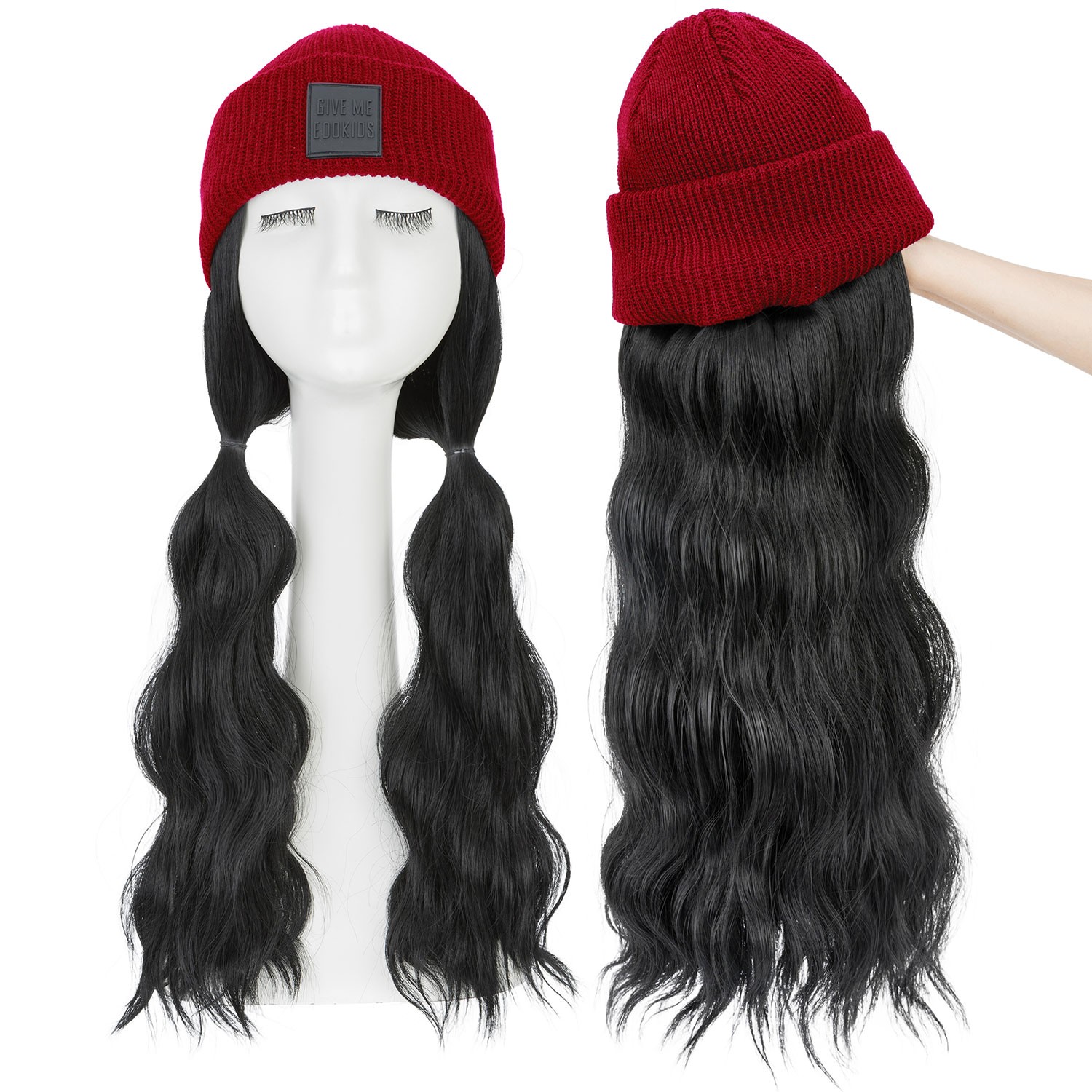 Winter Synthetic Women Long Wavy Beanie Knitted Hat Wig with Synthetic Hair Wigs