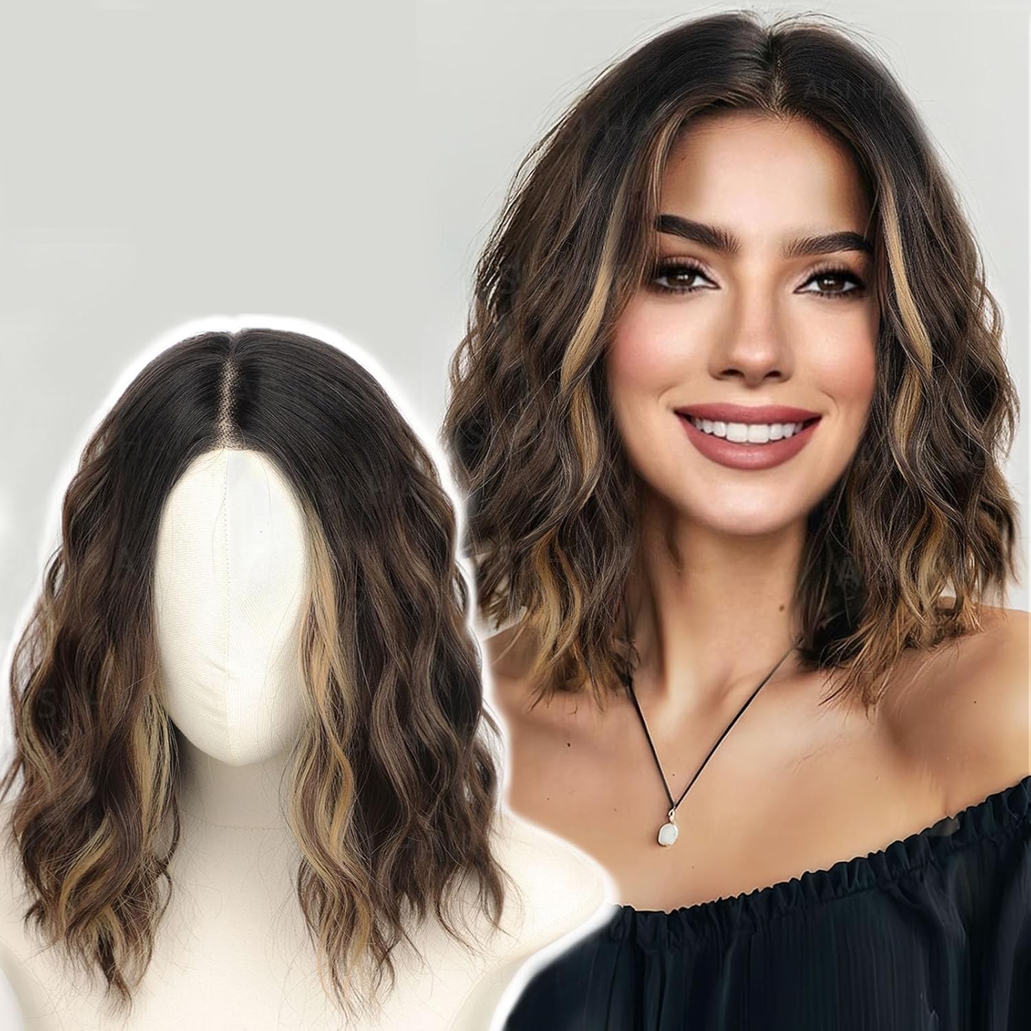 AISI HAIR 14 Inch Brown Mix Blonde Wigs for Women – Shoulder Length Wave Wig wit