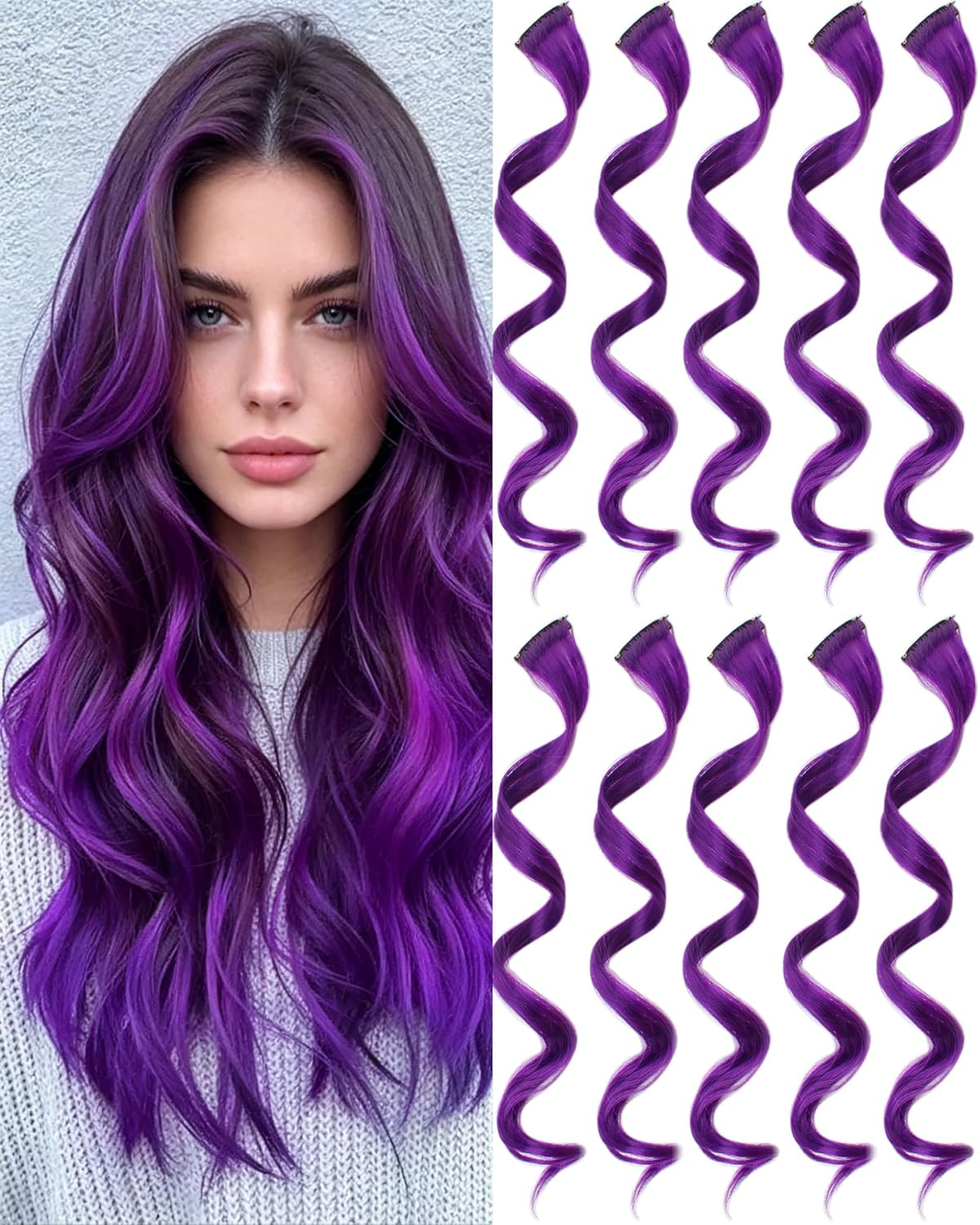 10 PCS Purple Hair Extensions, Curly Wavy Synthetic Hairpieces Clip in Rainbow N