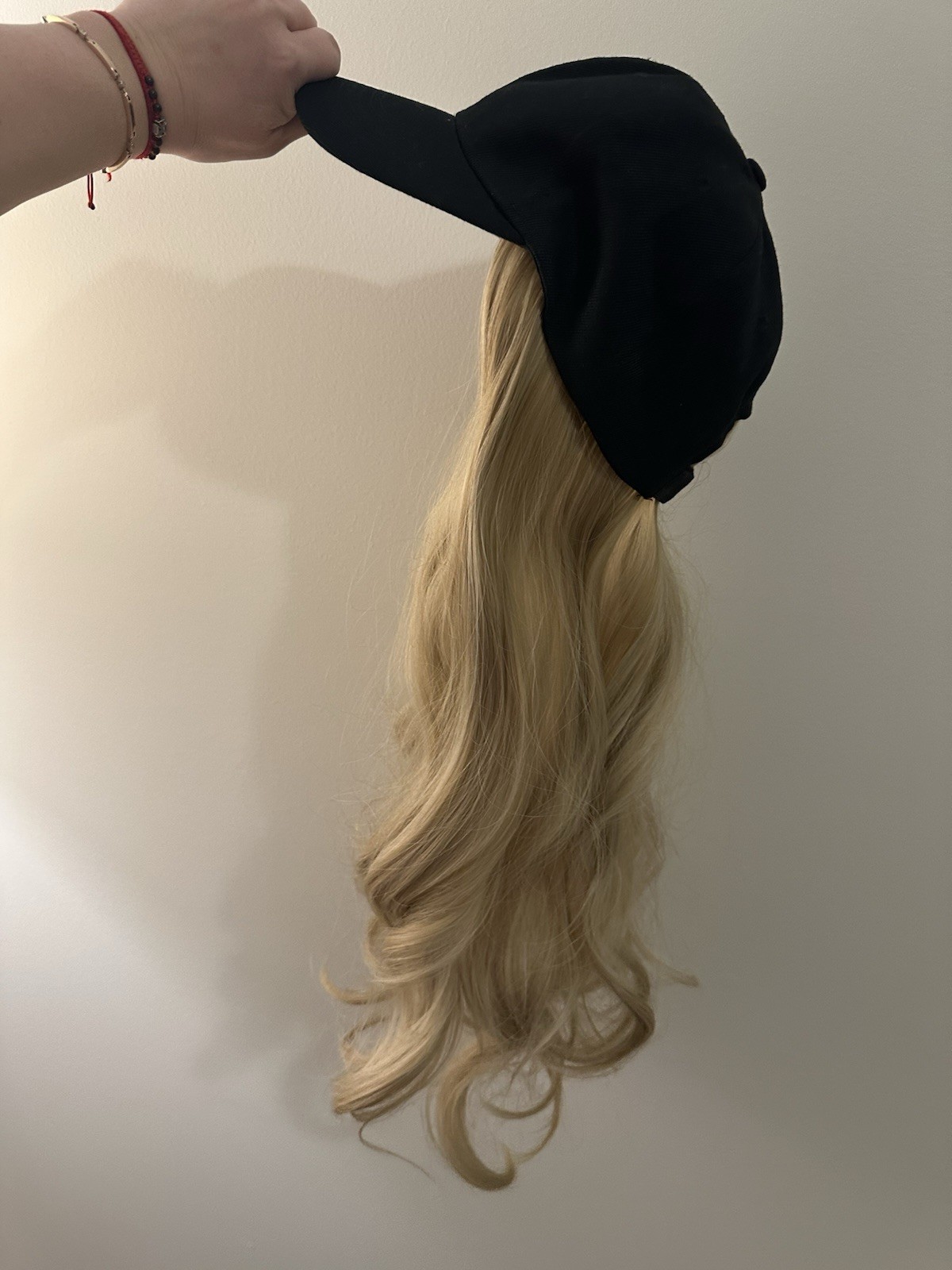 Baseball Hat Wig, attached 24” Adjustable Black Cap with Long Wavy Synthetic