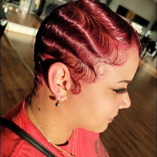 Burgundy Red Finger Wave Remy Human Hair Wigs Short Wave Pixie Wigs None Lace US