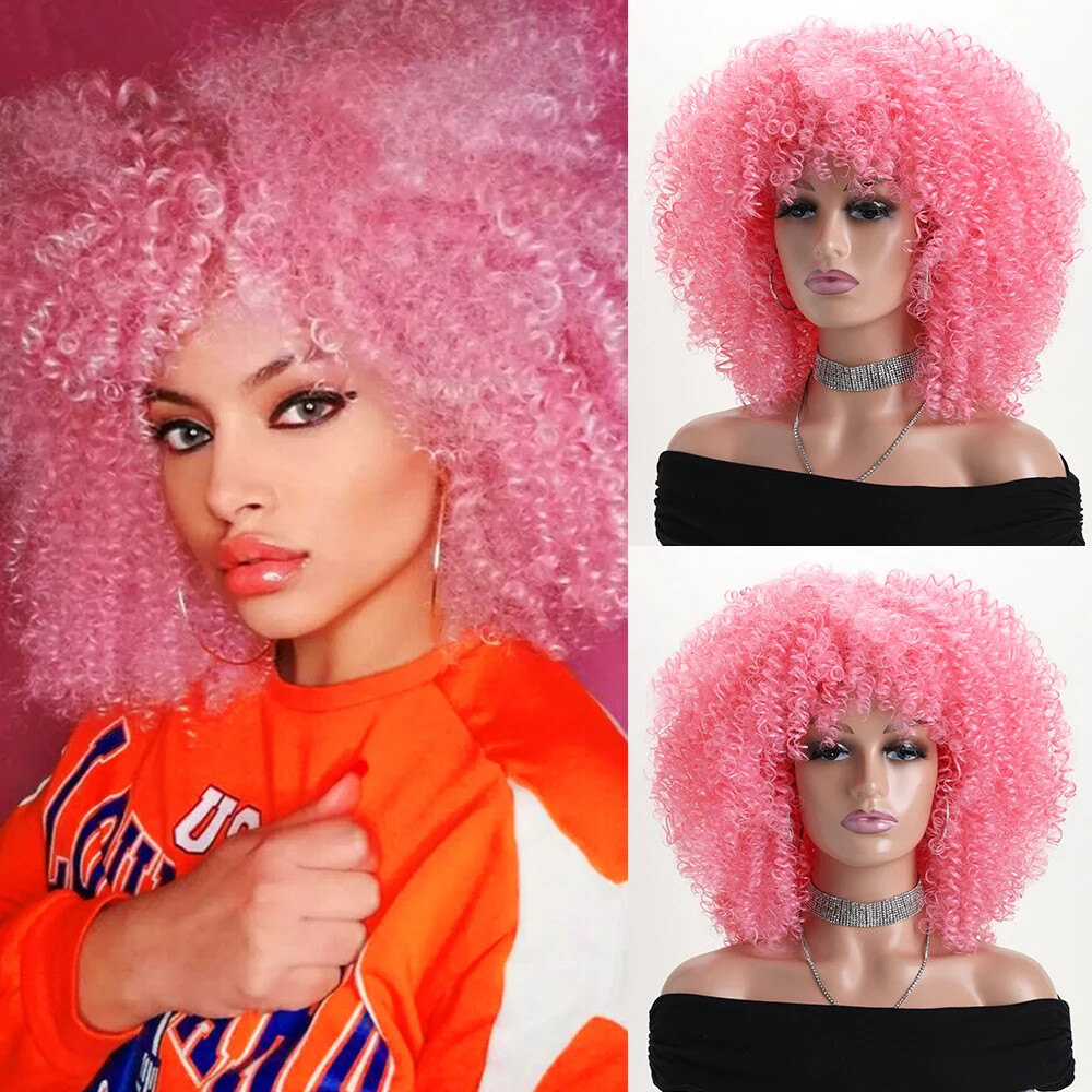 Afro Kinky Curly Wig 16 Inch Synthetic Hair with Bangs for Daily Wear