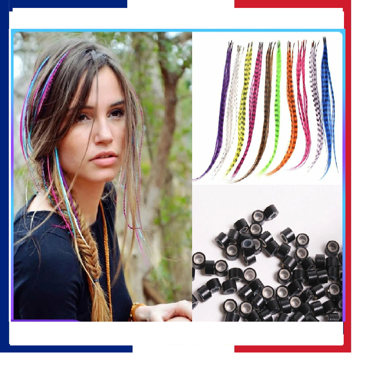 50pcs Grizzly Synthetic Feather Straight Hair Extensions 40cm With 100 Beads Set
