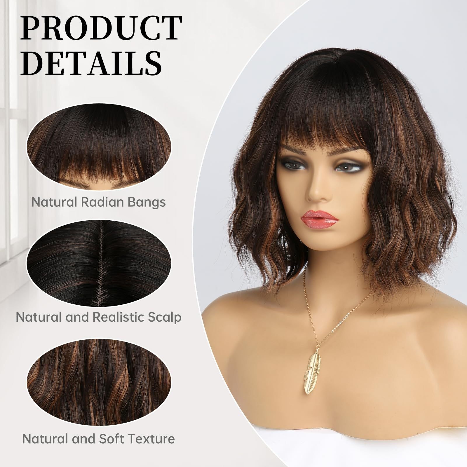 Mixed Color Water Wave Short Curly Wig with Bangs Heat Resistant Synthetic Full