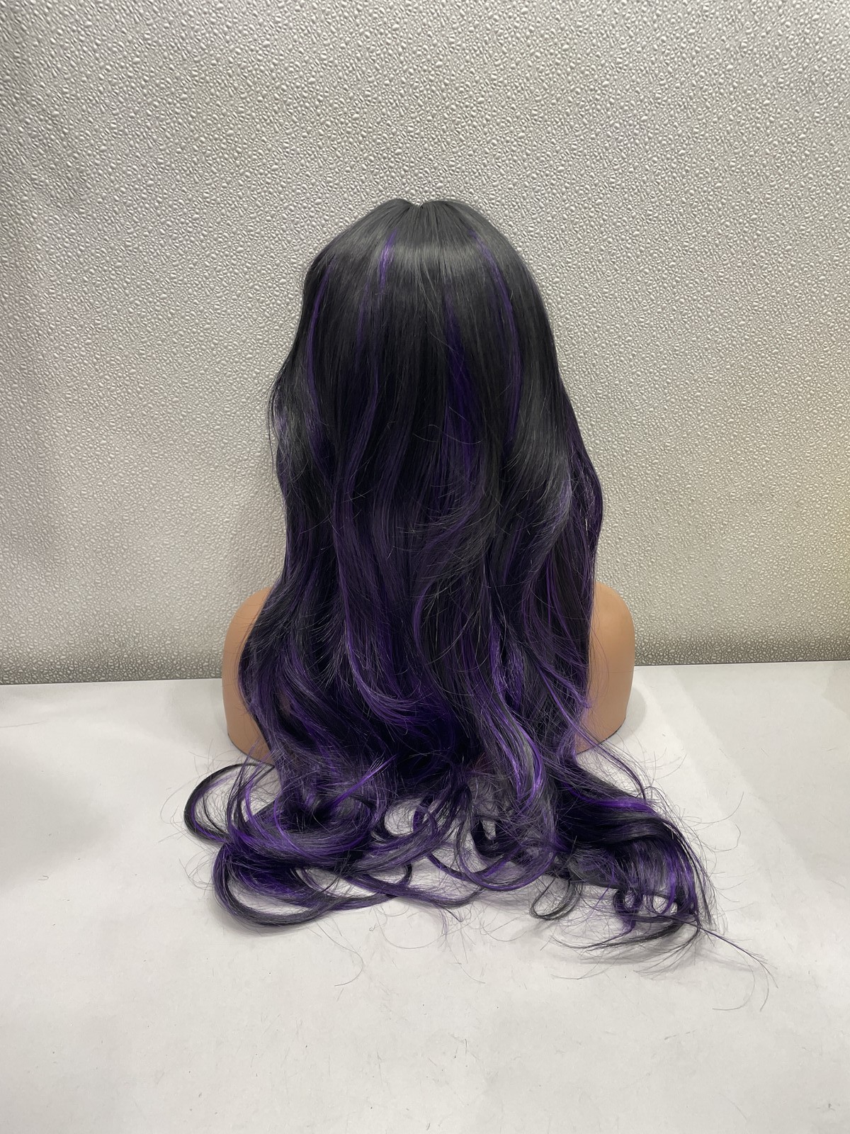 Highlight Purple Mix Black Synthetic Layered Glueless Wig, 24″