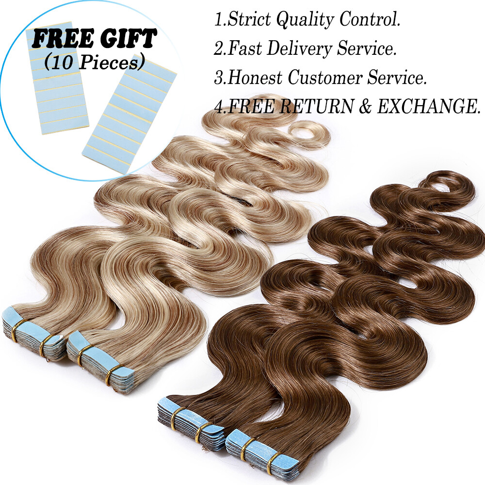 Invisible Brown Tape In Real Remy Human Hair Extensions 20/40/60 Pcs Thick Q396