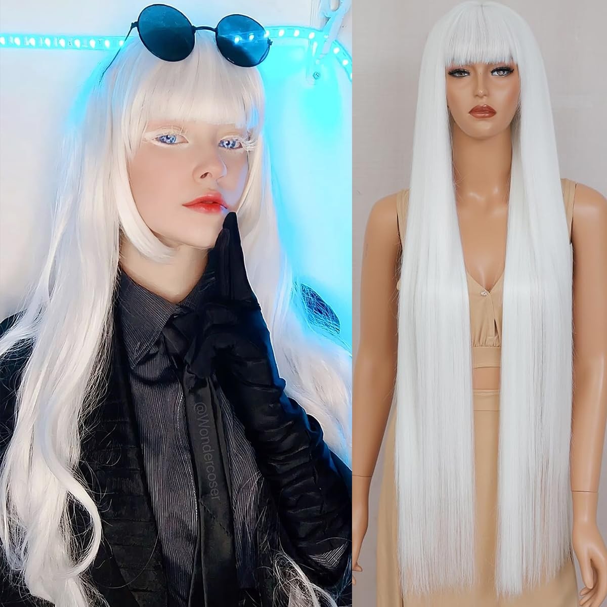40” Synthetic Wig with Bangs Platinum White Wig Synthetic Hair Super Long St…