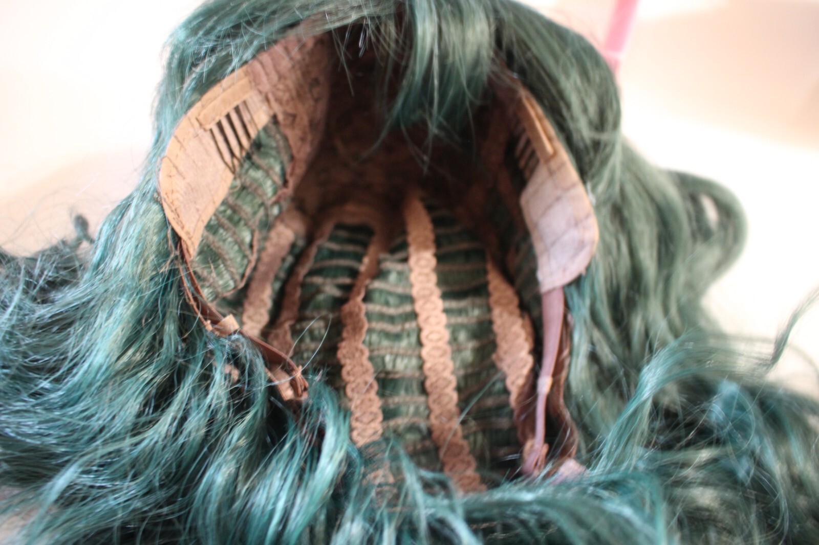 PASTEL DARK GREEN WIG WAVY HAIR WITH BANGS
