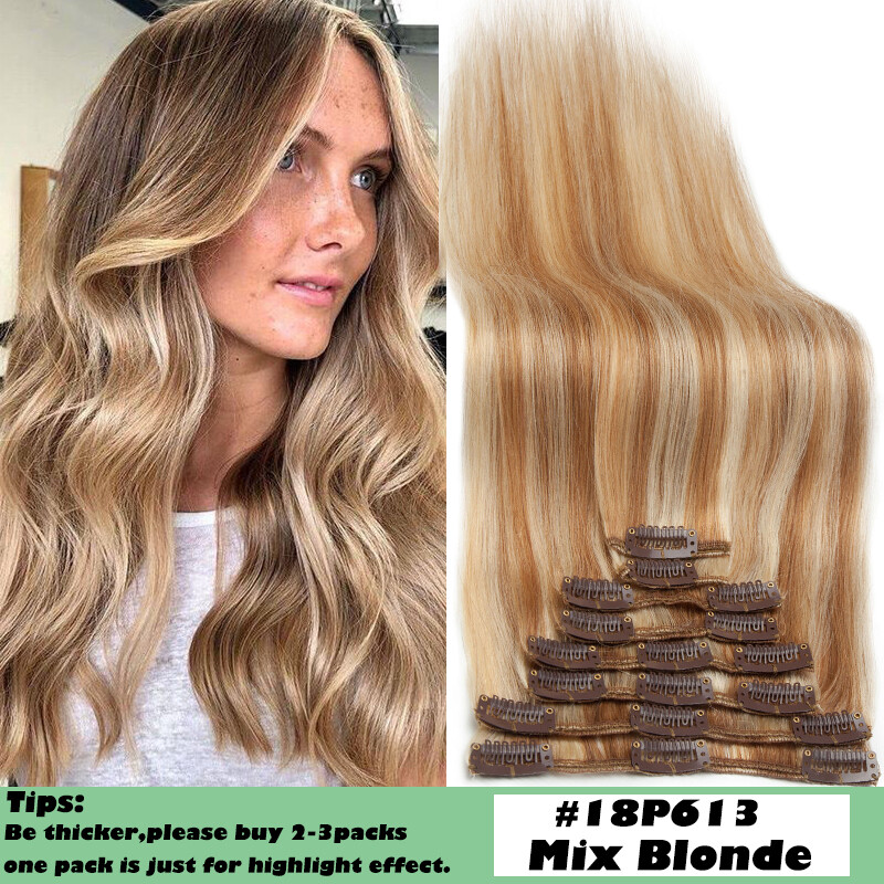 Multi/Color 100% Real Human Hair Clip In Remy Hair Extensions Full Head 8 Pieces