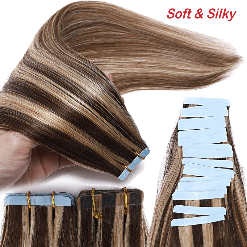 Highlight Thick Glue Tape In Real Human Hair Extensions Skin Weft Seamless Weft
