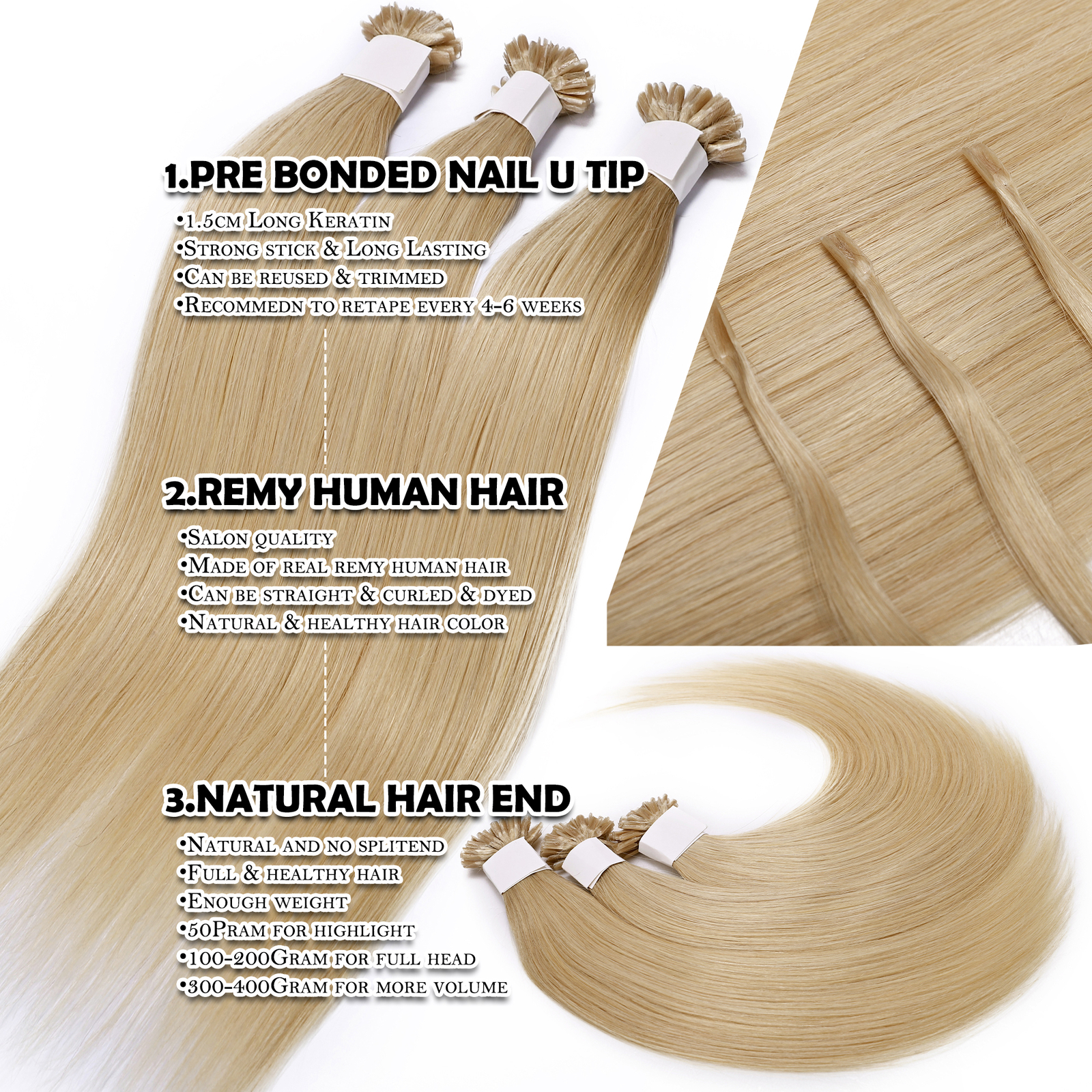 THICK 100PCS Russian 100 Remy Human Hair Extensions Nail U Tip Keratin Pre Bond