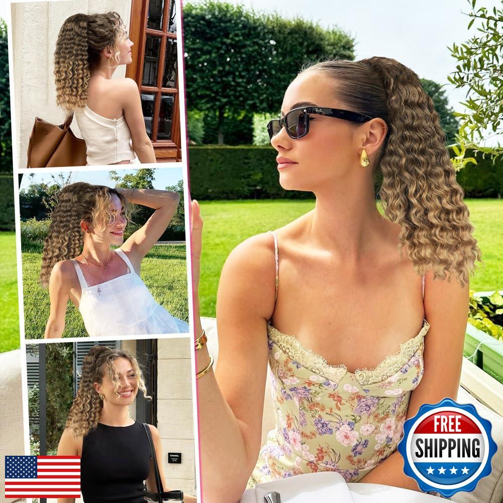 ALXNAN Wavy Curly Ponytail Extension, 18″ Ombre Brown to Blonde Drawstring Po