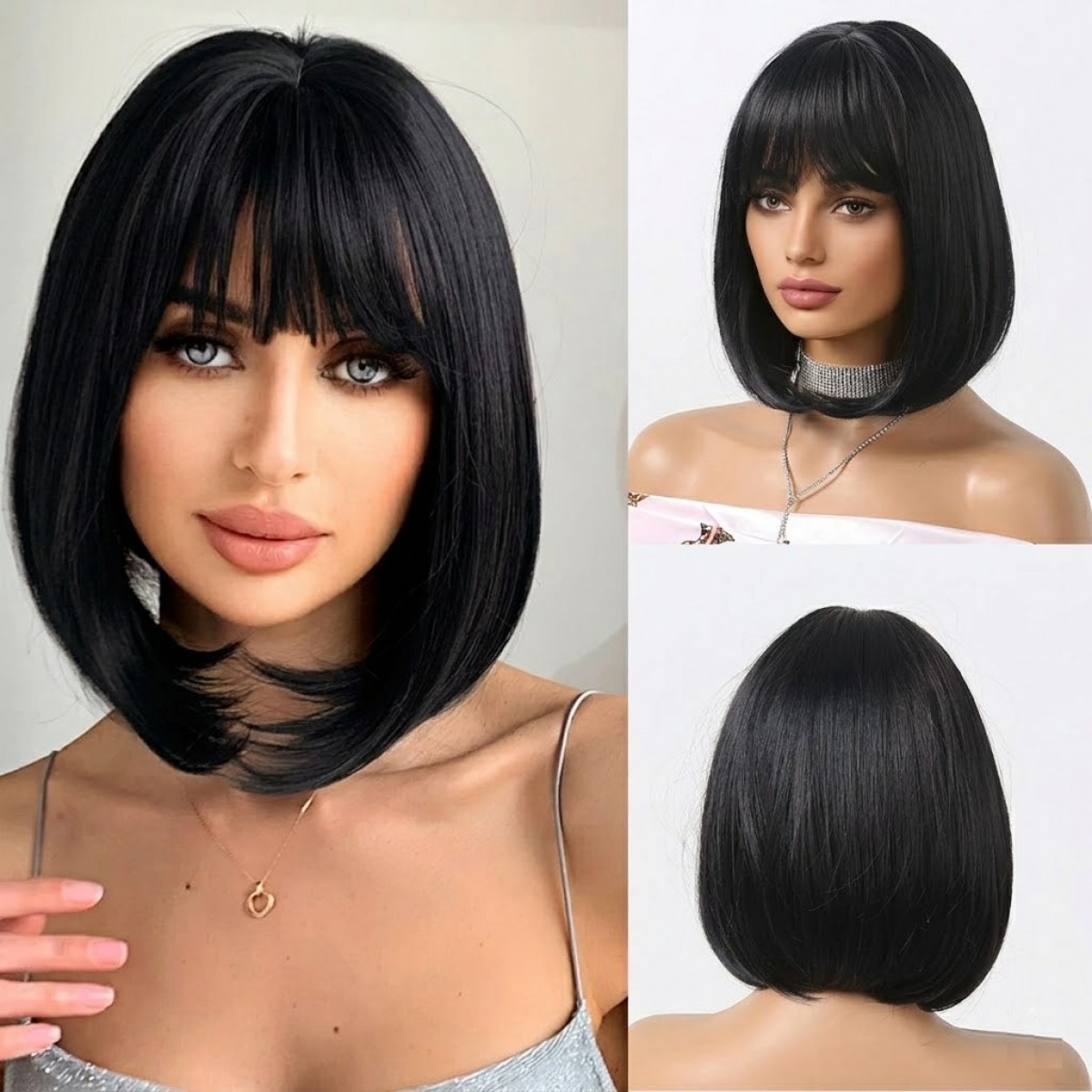 Cosplay Wig With Bangs Layered Black Synthetic Hair Heat Resistant Bob Straight