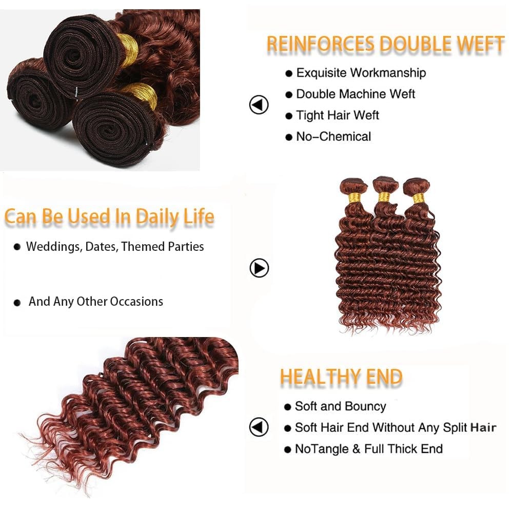Giginger Brazilian Human Hair Bundles 26 28 30 Inch Reddish Brown Deep Wave