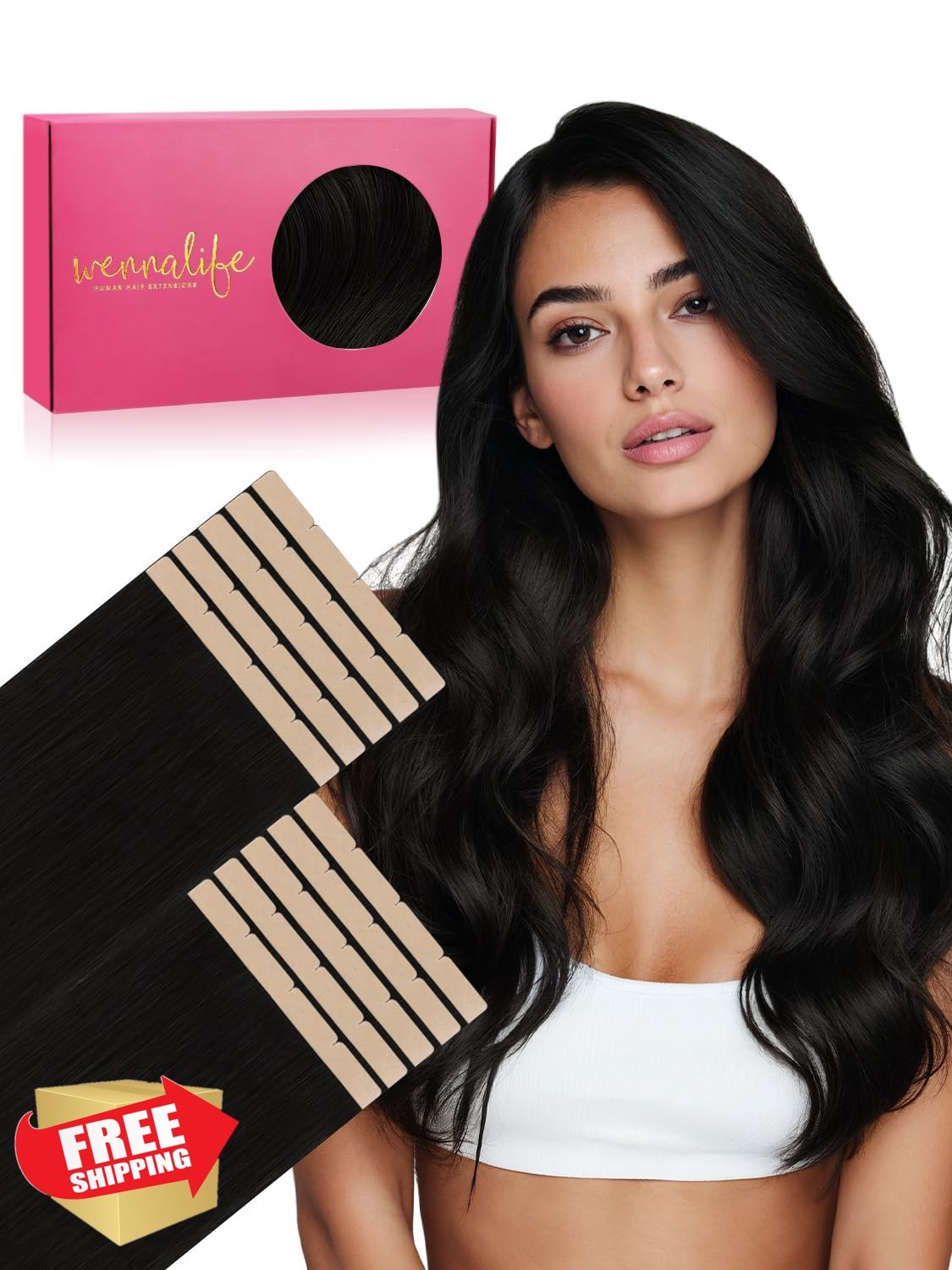 Wennalife #1 Jet Black Tape Hair Ext 18 Inch 10pc