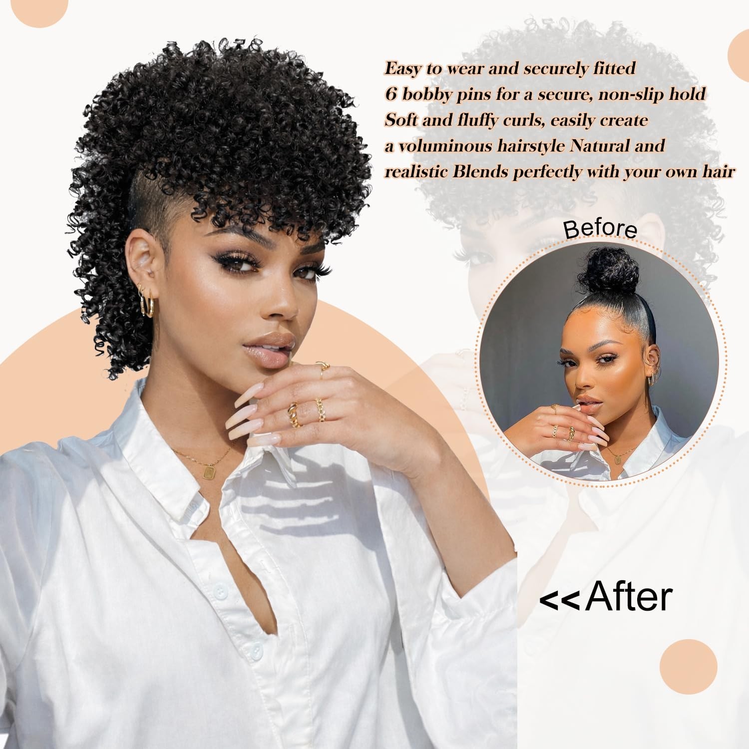 Mohawk Wig Kinky Curly Natural Black Ponytail with Bangs – Clip on Extension
