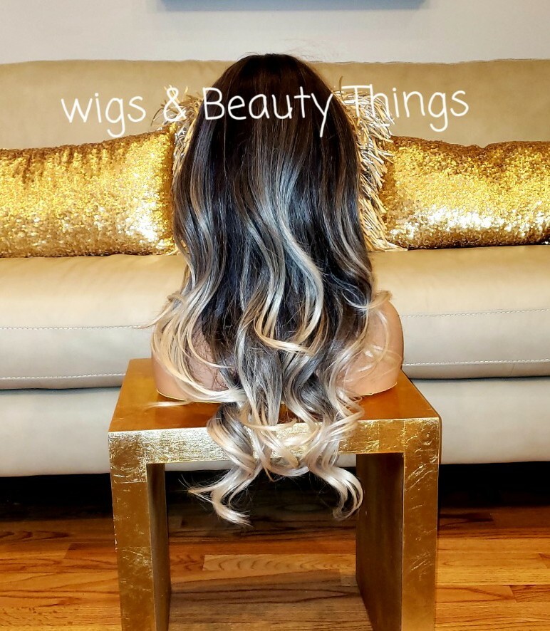 Balayage Wig – Human Hair Blend Platinum Blonde Black Rainbow Multicolor