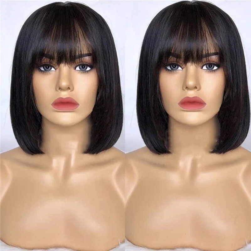 Bone Straight Full Machine Made Bob Wigs with Bangs Brazilian Hair Bob Wigs