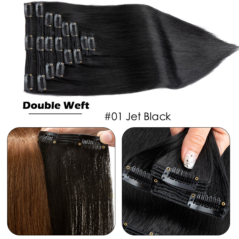 Thick Clip In Real Human Hair Extensions Double Weft Remy Hairpiece 8PCS 18CLIPS