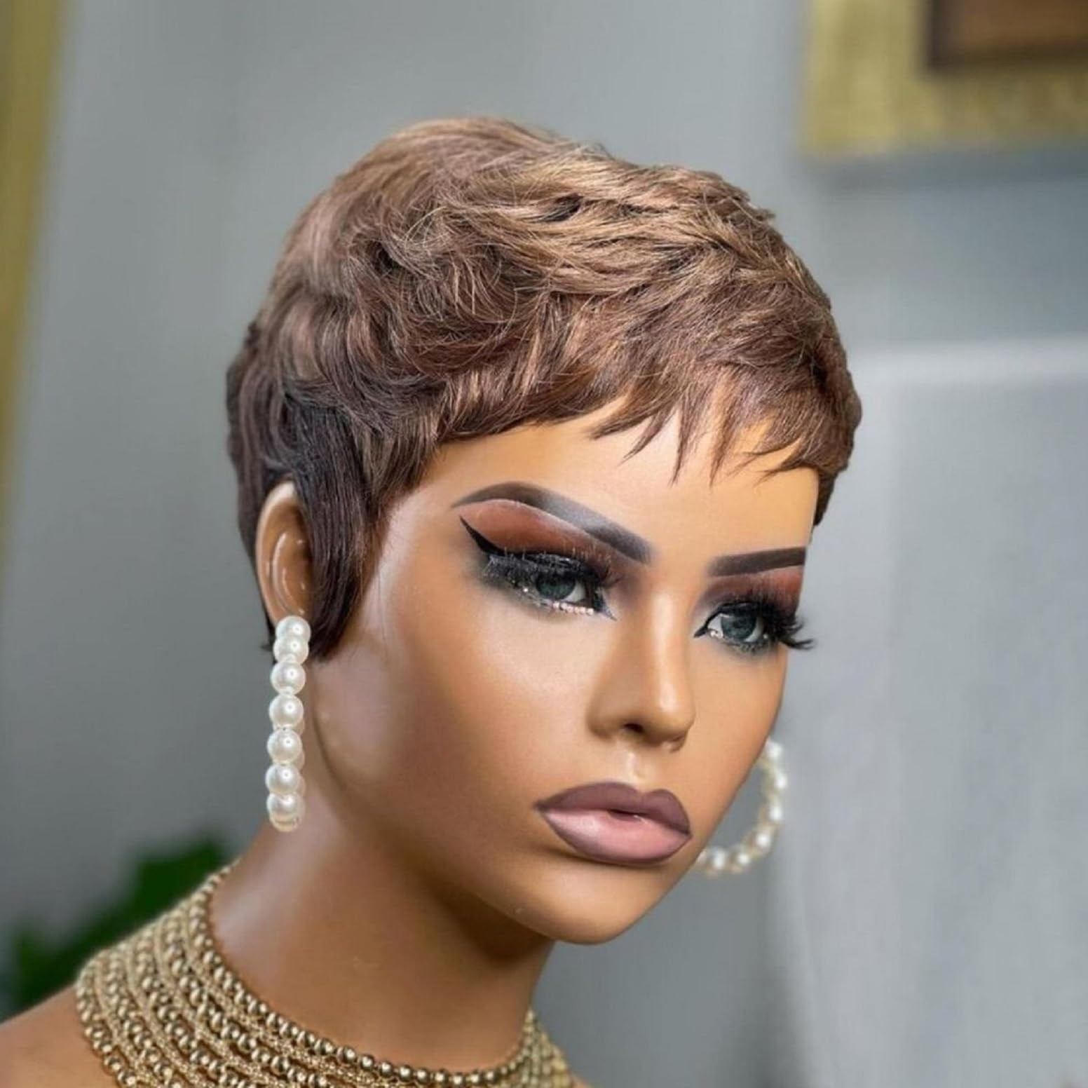 Pixie Cut Wig Human Hair Short Straight With Bangs Full Machine Made Brown
