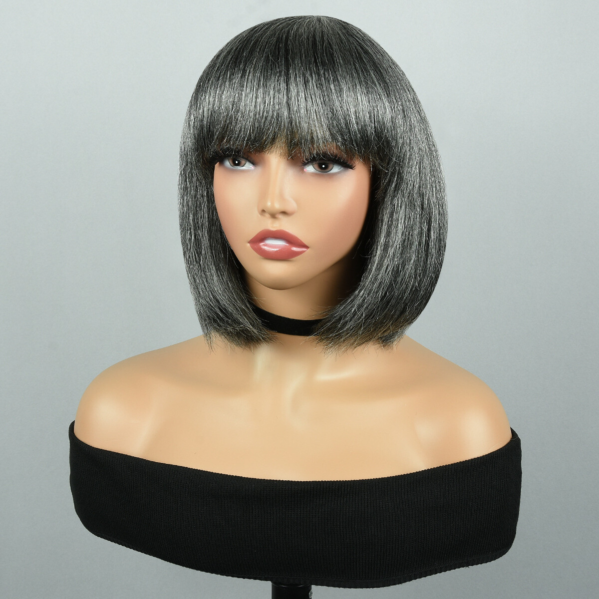 10 Inch Gray Black Mix Human Hair Wigs with Bangs 180% Density None Lace Wigs