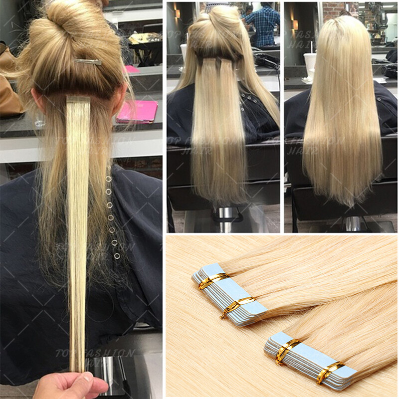 40PCS Tape In On Stick Remy Human Hair Extensions Skin Weft Sliver 12″-24″ Thick