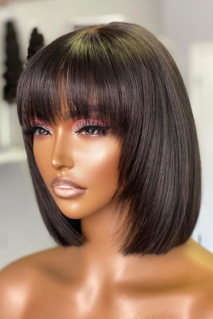 Human Hair Wigs with Bangs Brazilian Virgin Straight Hair Machine Made Bob Wigs
