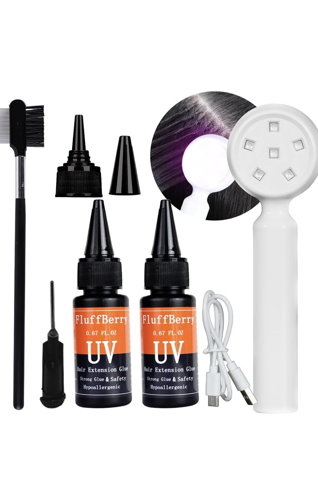 FluffBerry Hypoallergenic Waterproof UV Glue Kit Clear for Wig Extensions