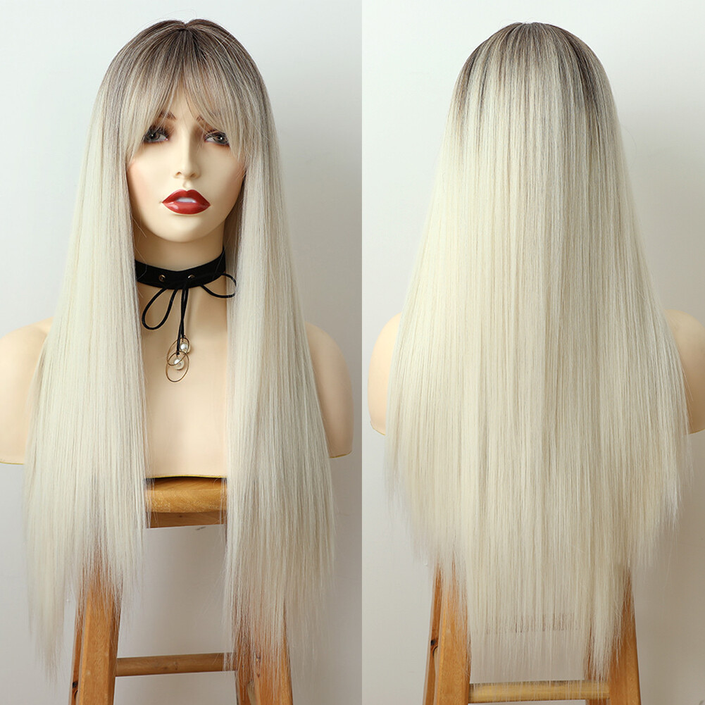 Brown Blonde Ombre Hair Heat Resistant Synthetic No Lace Wigs Full Bangs Women